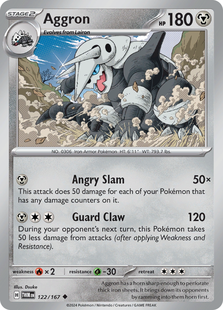 Pokemon TCG Scarlet & Violet expansion Twilight Masquerades. Aggron uncommon card.