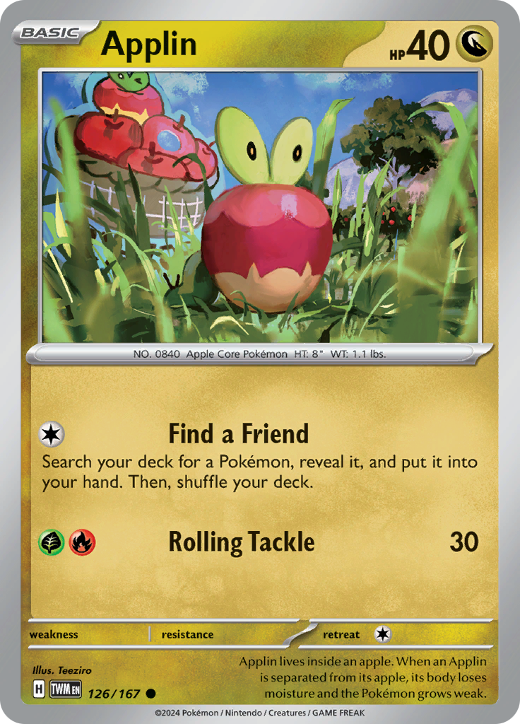 Pokemon TCG Scarlet & Violet expansion Twilight Masquerades. Applin common card.