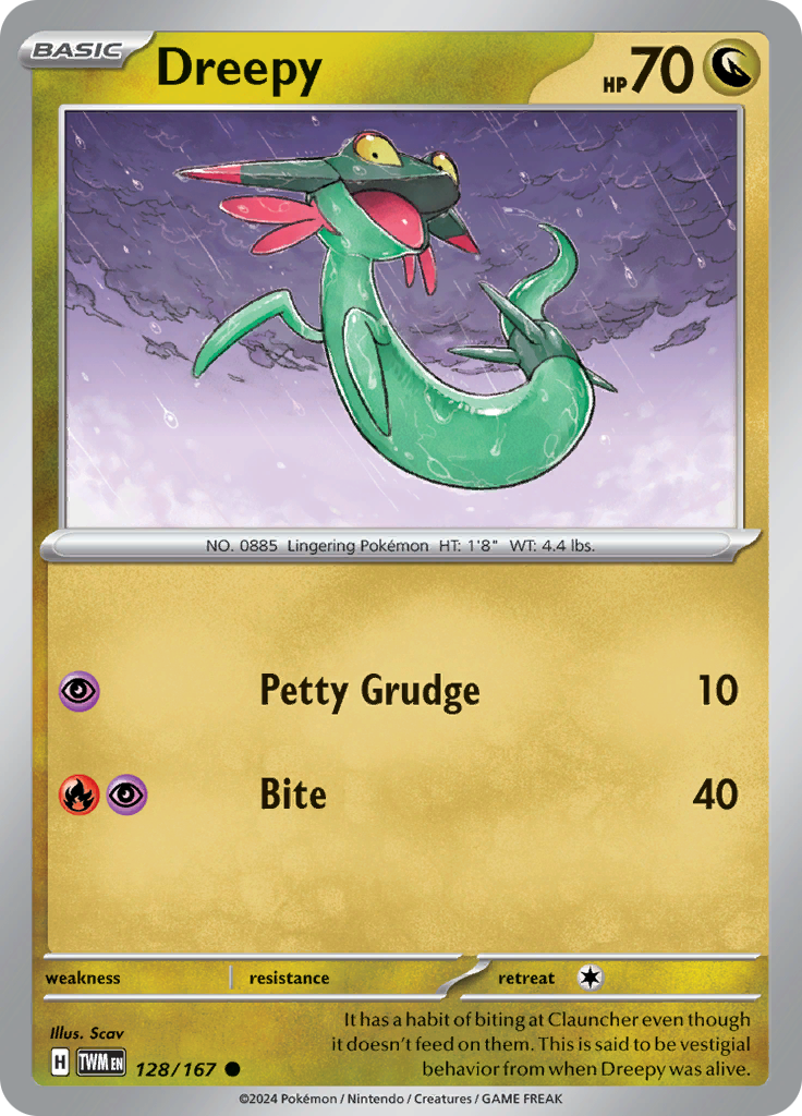 Pokemon TCG Scarlet & Violet expansion Twilight Masquerades. Dreepy common card.