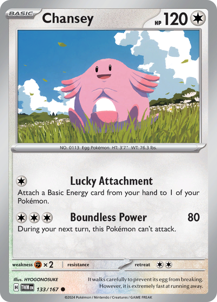 Pokemon TCG Scarlet & Violet expansion Twilight Masquerades. Chansey common card.