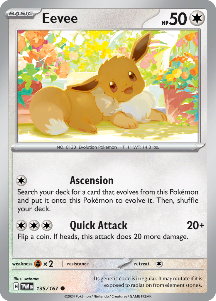 Pokemon TCG Scarlet & Violet expansion Twilight Masquerades. Eevee common card.