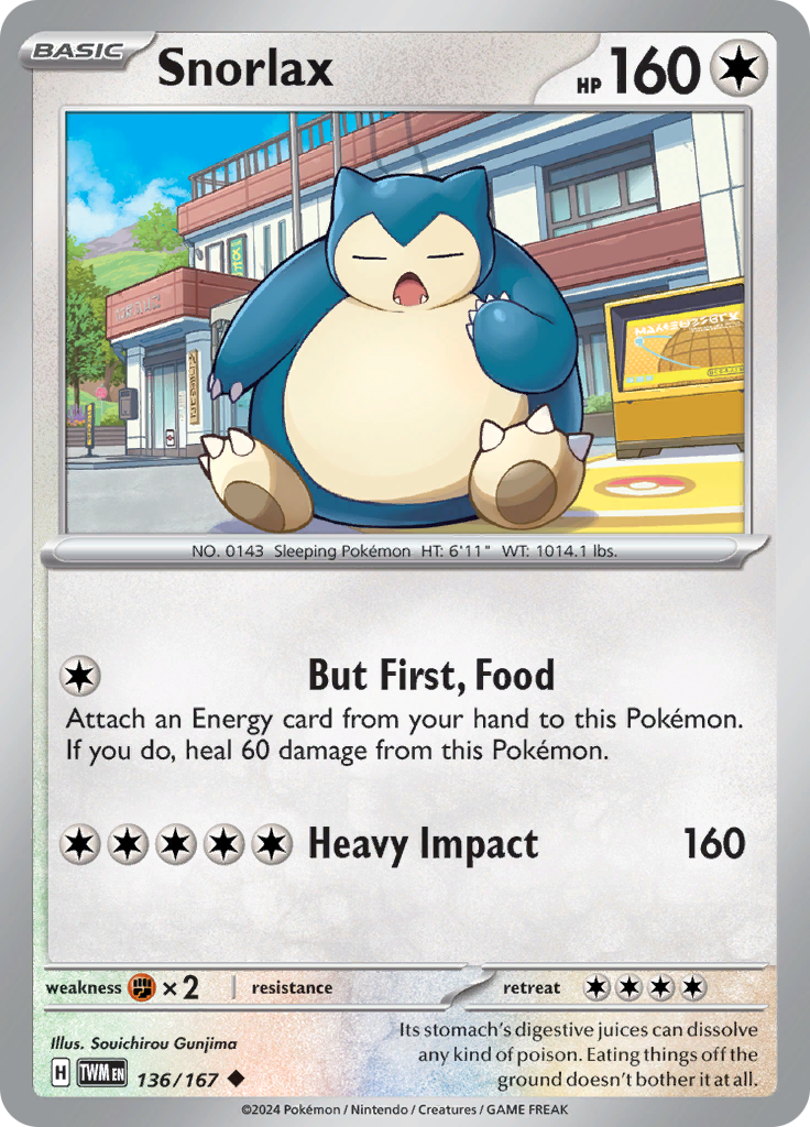 Pokemon TCG Scarlet & Violet expansion Twilight Masquerades. Snorlax uncommon card.