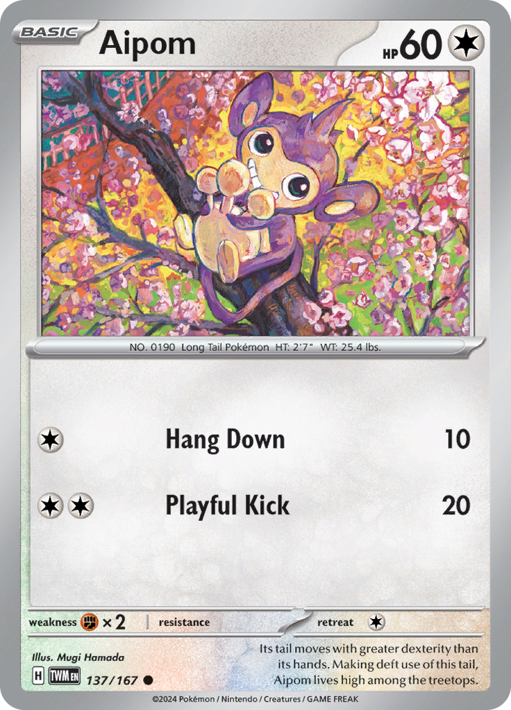 Pokemon TCG Scarlet & Violet expansion Twilight Masquerades. Aipom common card.