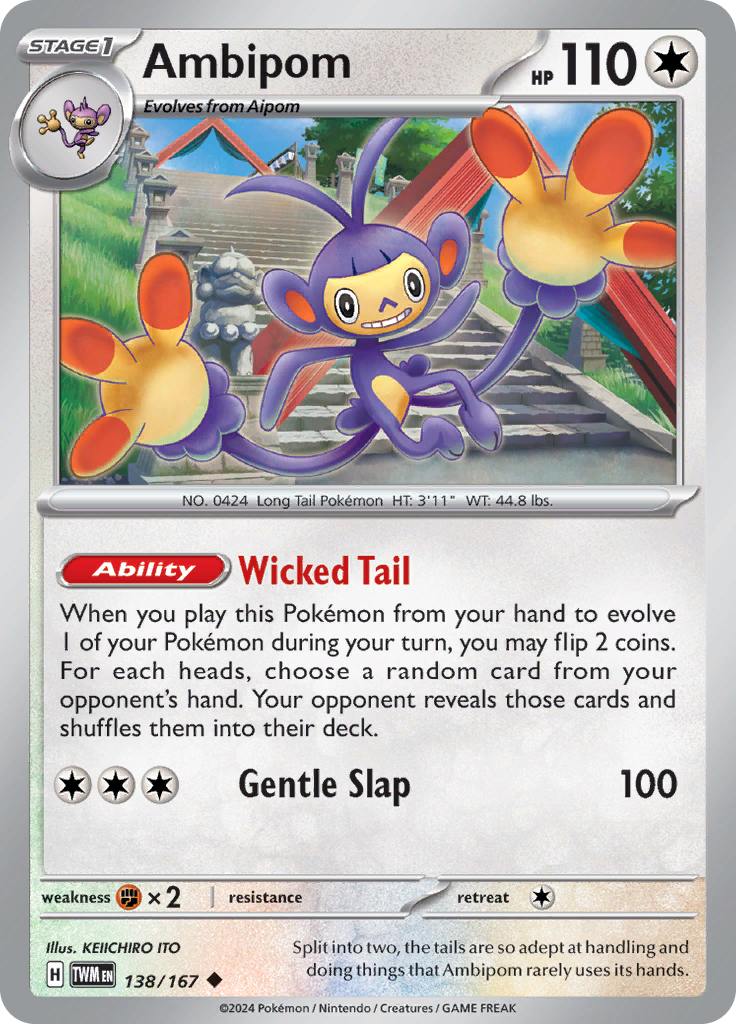 Pokemon TCG Scarlet & Violet expansion Twilight Masquerades. Ambipom uncommon card.