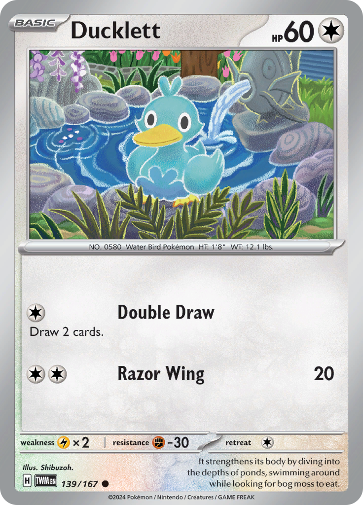 Pokemon TCG Scarlet & Violet expansion Twilight Masquerades. Ducklett common card.