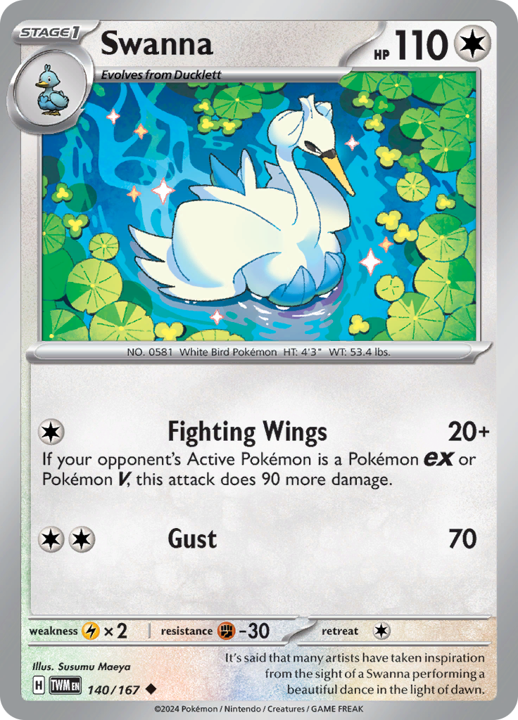 Pokemon TCG Scarlet & Violet expansion Twilight Masquerades. Swanna uncommon card.