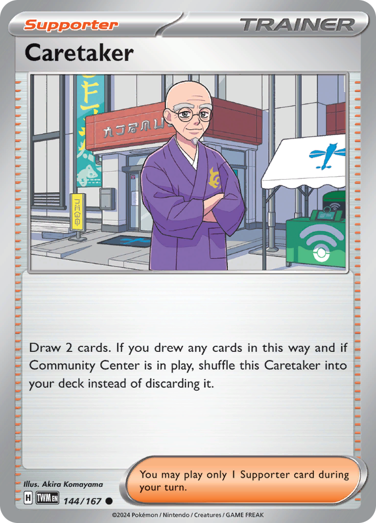 Pokemon TCG Scarlet & Violet expansion Twilight Masquerades. Caretaker common card.