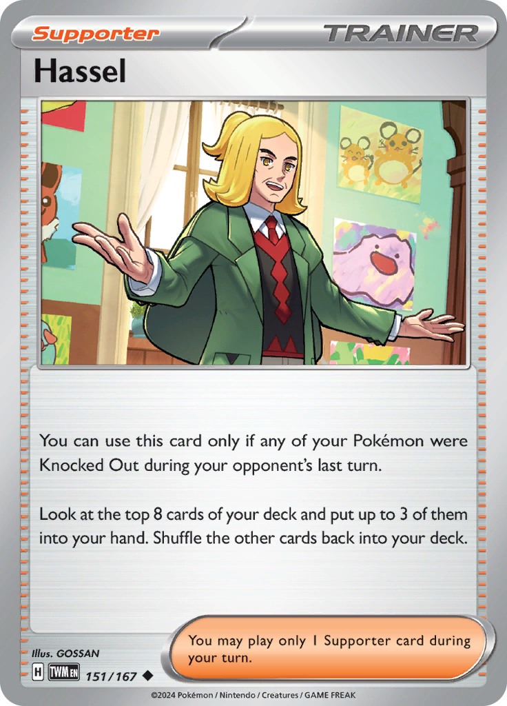 Pokemon TCG Scarlet & Violet expansion Twilight Masquerades. Hassel uncommon card.