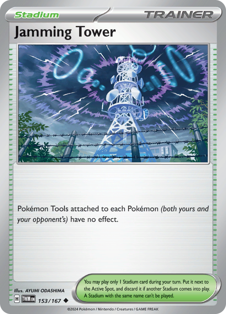 Pokemon TCG Scarlet & Violet expansion Twilight Masquerades. Jamming Tower uncommon card.