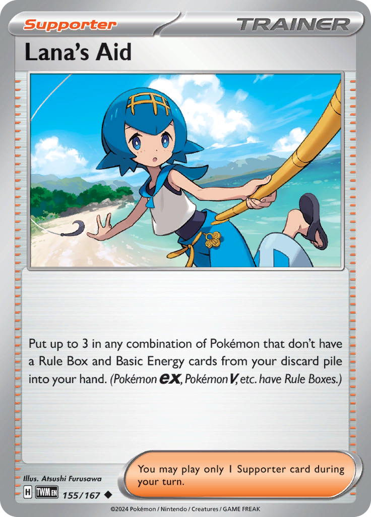 Pokemon TCG Scarlet & Violet expansion Twilight Masquerades. Lana's Aid uncommon card.