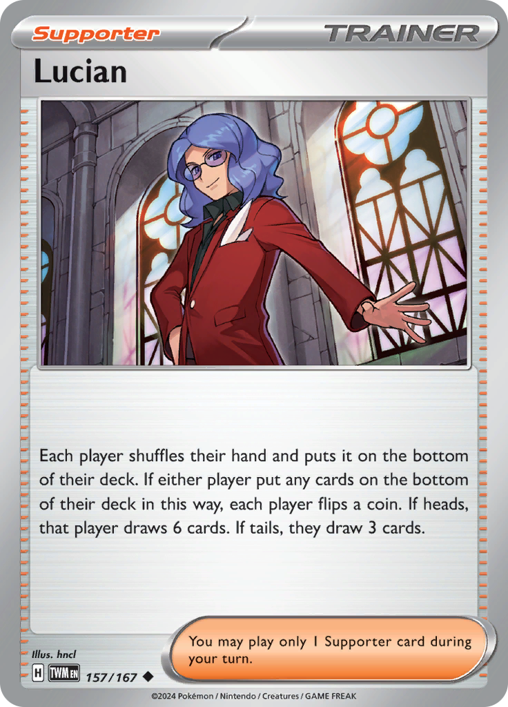 Pokemon TCG Scarlet & Violet expansion Twilight Masquerades. Lucian uncommon card.