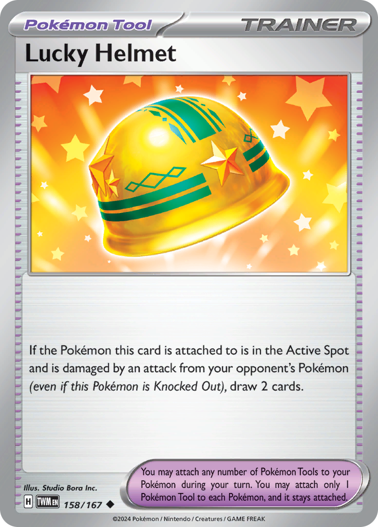 Pokemon TCG Scarlet & Violet expansion Twilight Masquerades. Lucky Helmet Uncommon Card.