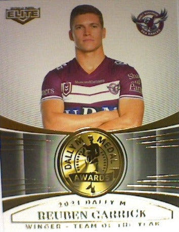 Reuben Garrick from the 2021 Dally M Awards insert series of 2022 NRL Elite trading cards.