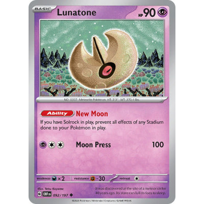Pokemon TCG -Obsidian Flames -#92 -Lunatone -Uncommon -Reverse Holo
