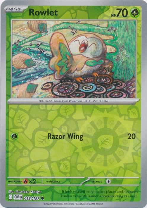 Pokemon TCG -Obsidian Flames -#13 -Rowlet -Common -Reverse Holo