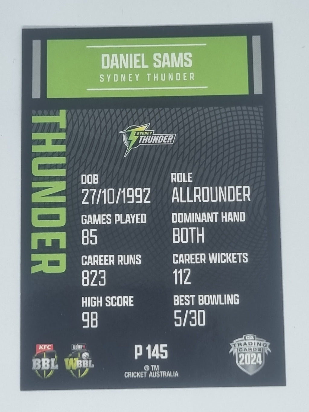 2024-25 LUXE Cricket Traders - Parallel - #P145 - Daniel Sams - Thunder