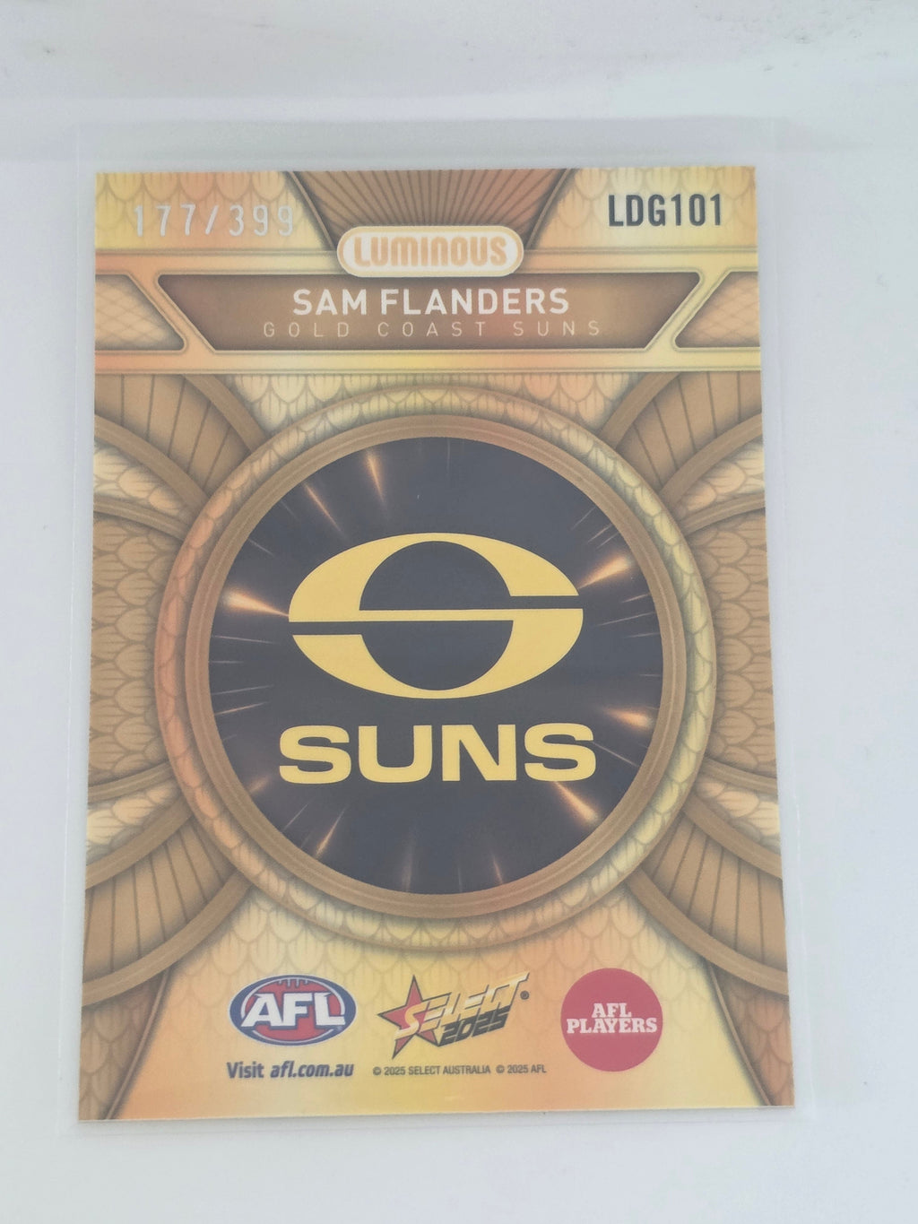 AFL Footy Stars 2025 Luminous Dragon Scales Gold #LDG101 S. FLANDERS Suns #177/399