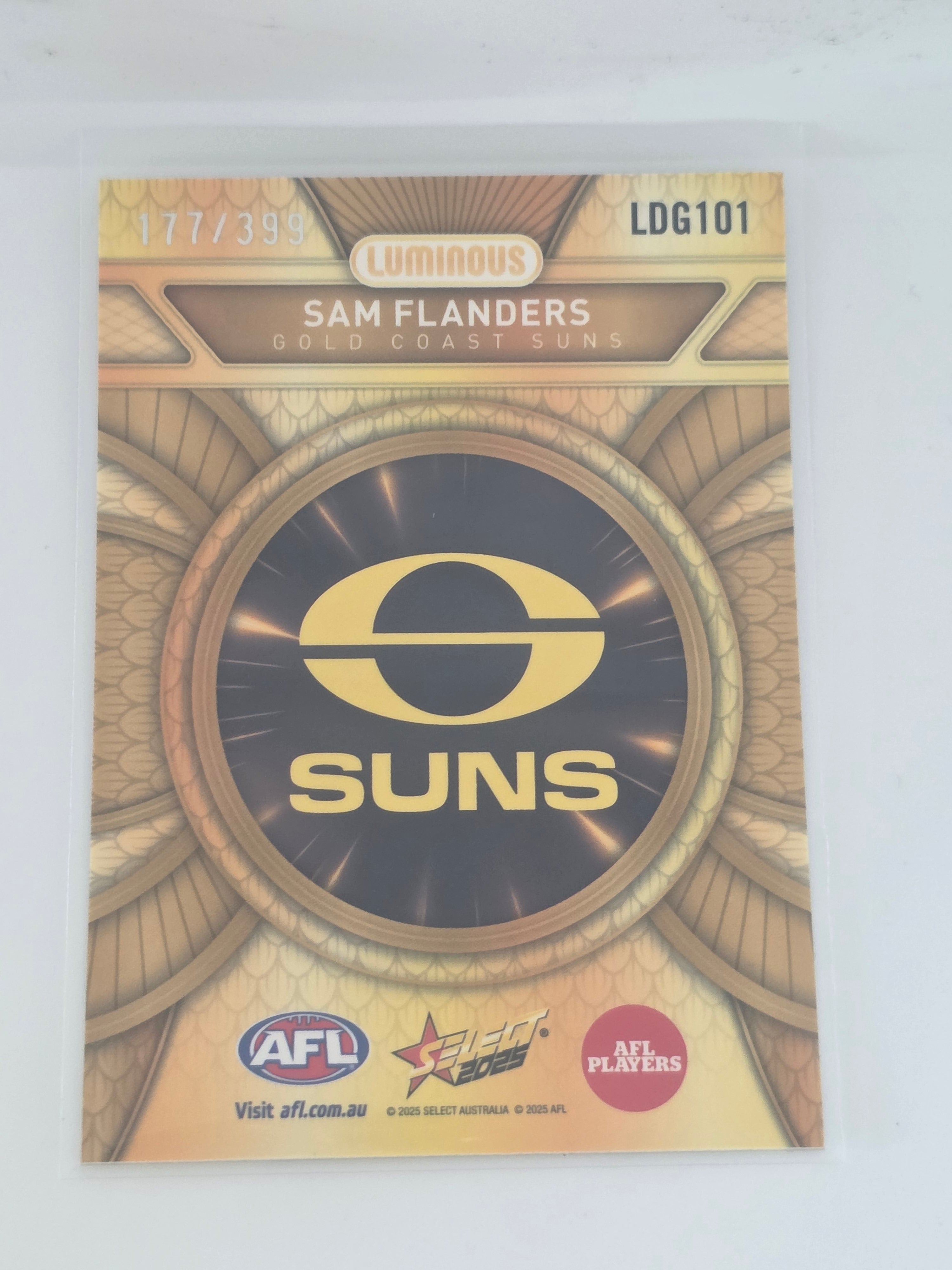 AFL Footy Stars 2025 Luminous Dragon Scales Gold #LDG101 S. FLANDERS Suns #177/399
