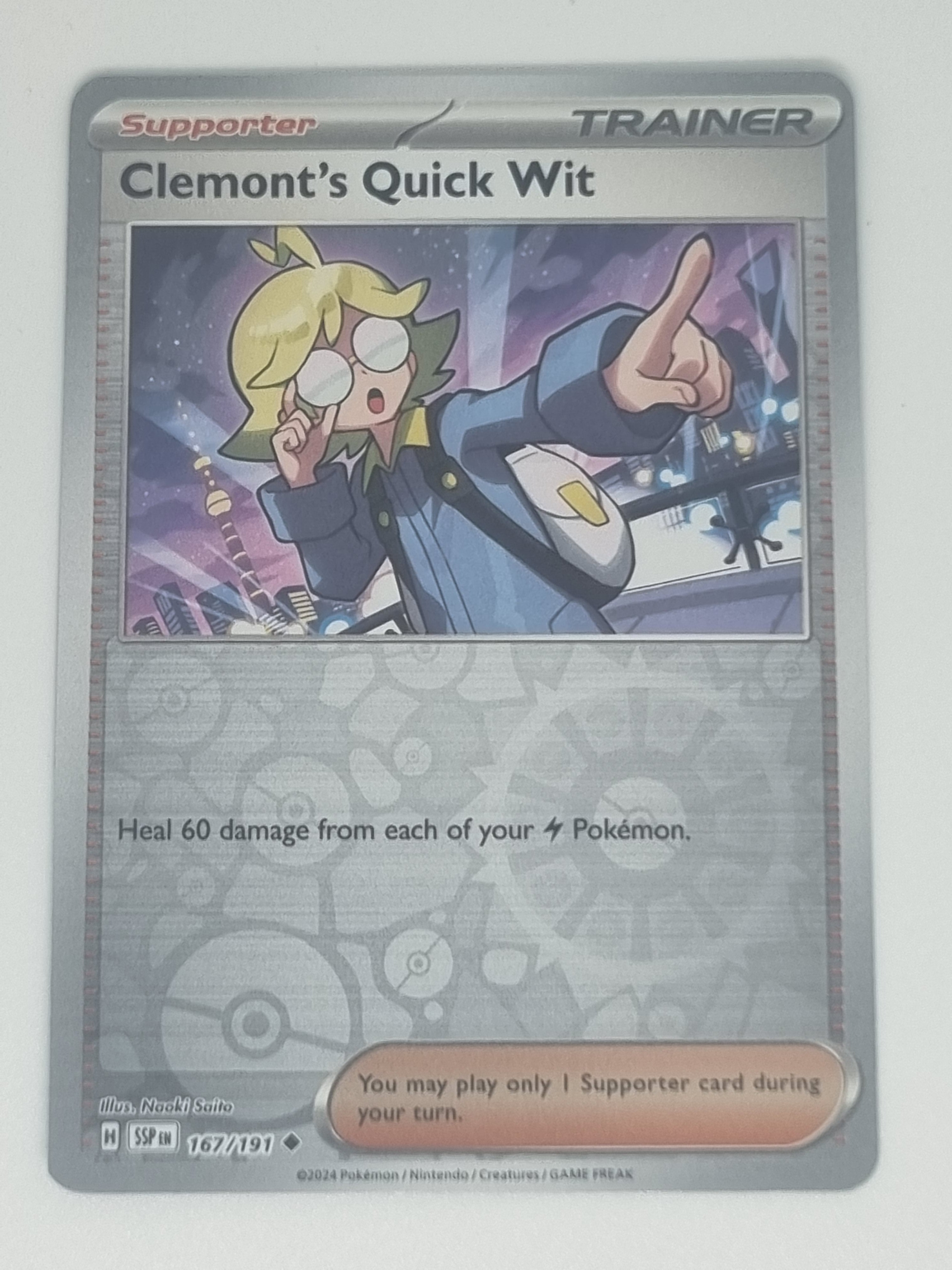 Pokemon TCG - Surging Sparks - 167/191 Reverse Holo Clemont's Quick Wit Uncommon