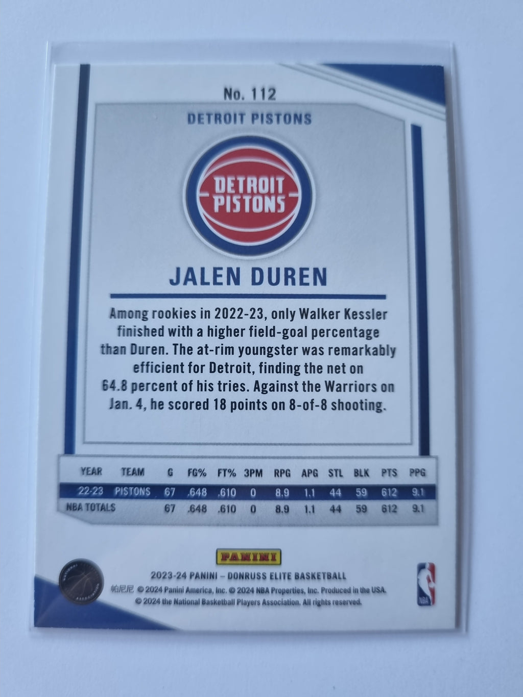 2023-24 Panini Donruss Elite - #112 - Jalen Duren - Detroit Pistons
