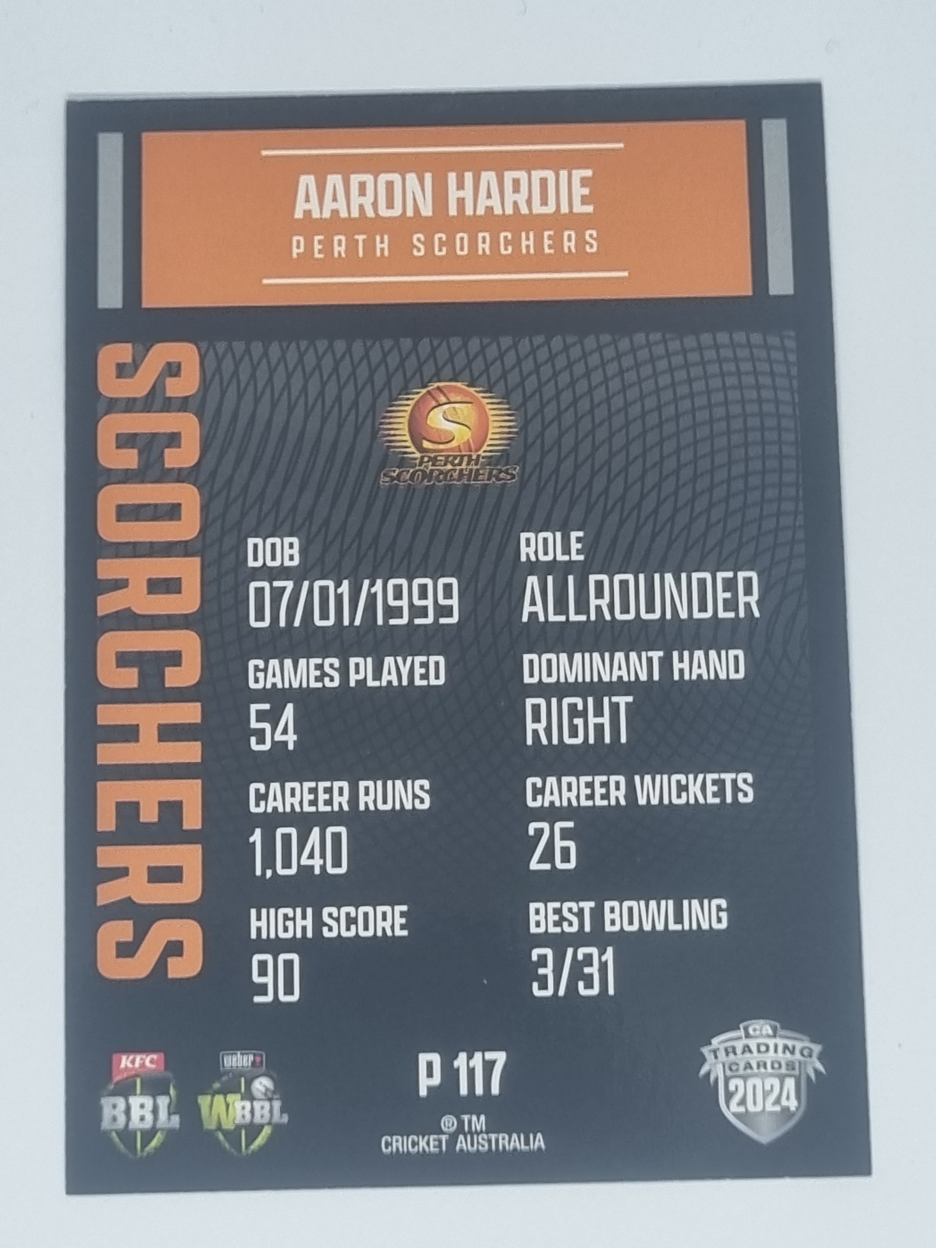 2024-25 LUXE Cricket Traders - Parallel - #P117 - Aaron Hardie - Scorchers