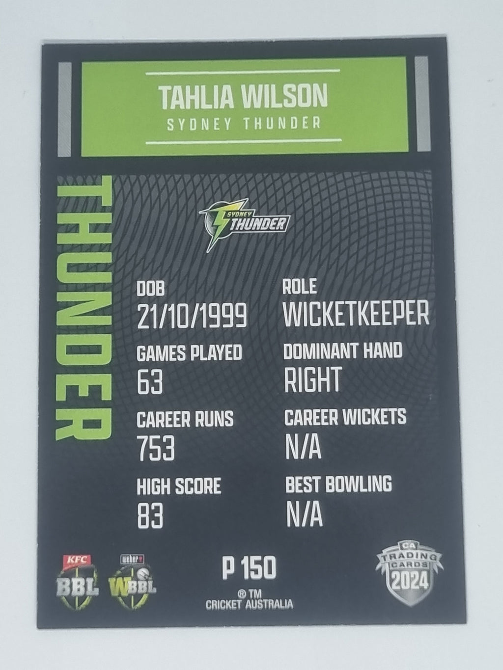2024-25 LUXE Cricket Traders - Parallel - #P150 - Tahlia Wilson - Thunder