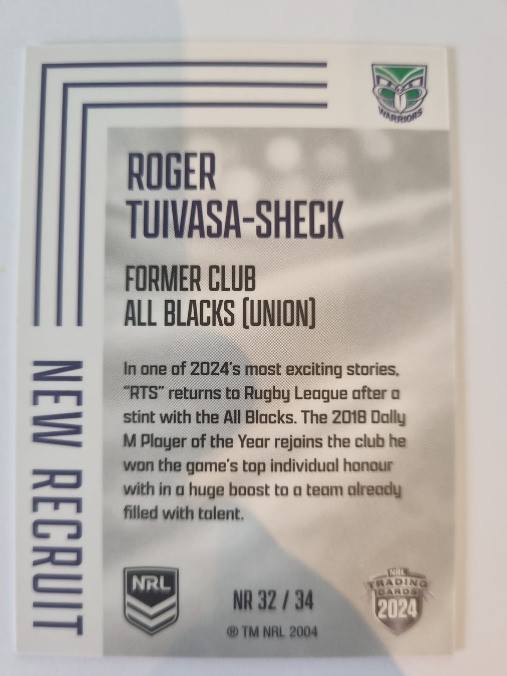 2024 Elite NRL - New Recruit - #NR32 - Roger Tuivasa-Sheck - Warriors