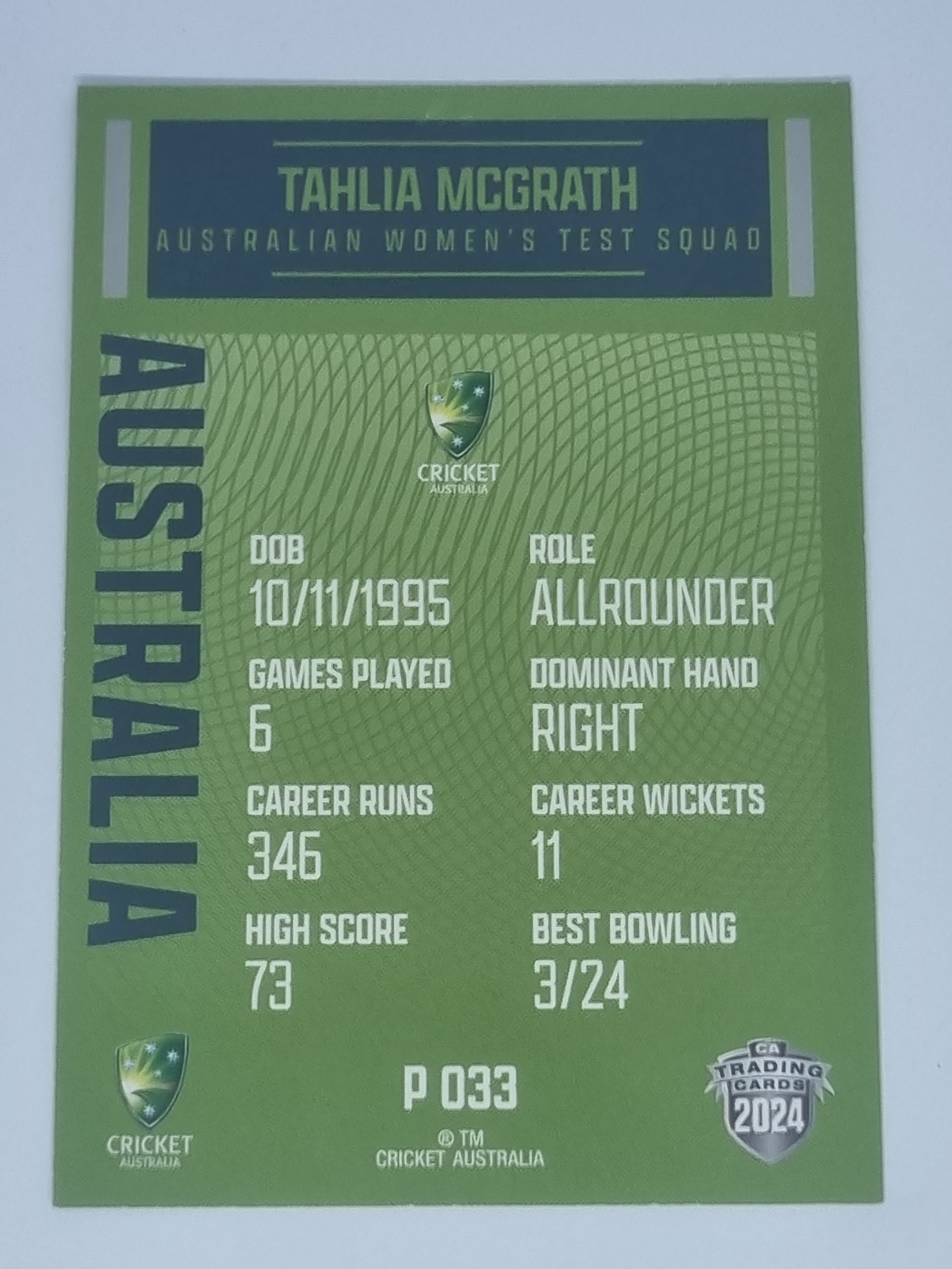 2024-25 LUXE Cricket Traders - Parallel - #P033 - Tahlia McGrath - Aust Test