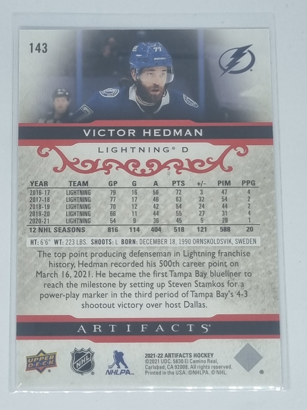 2021-22 Hockey Artifacts - #143 - Victor Hedman - Lightning - Ruby Parallel /499