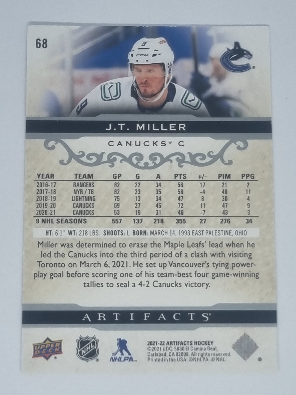 2021-22 Hockey Artifacts - #68 - J.T. Miller - Canucks