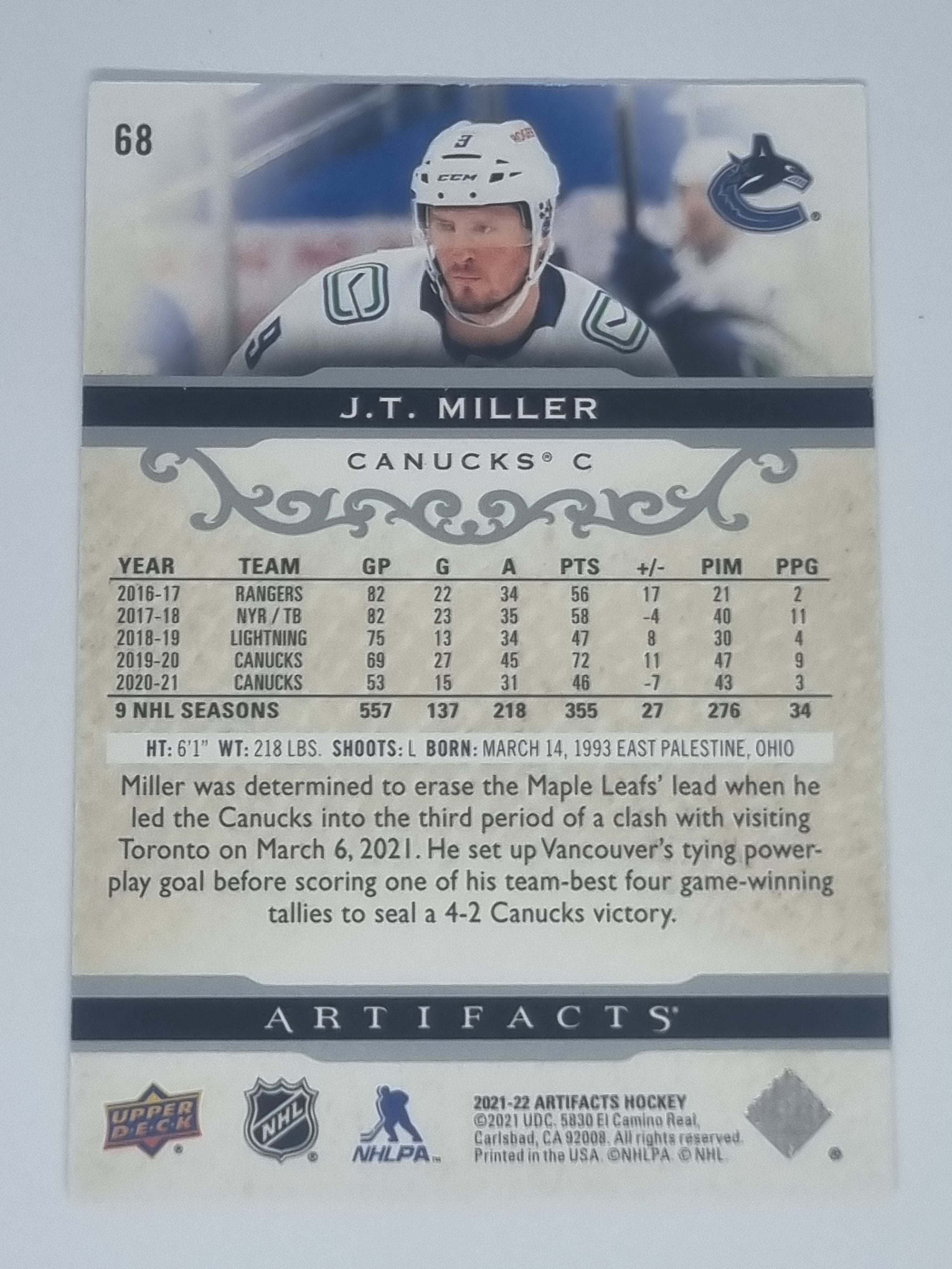 2021-22 Hockey Artifacts - #68 - J.T. Miller - Canucks
