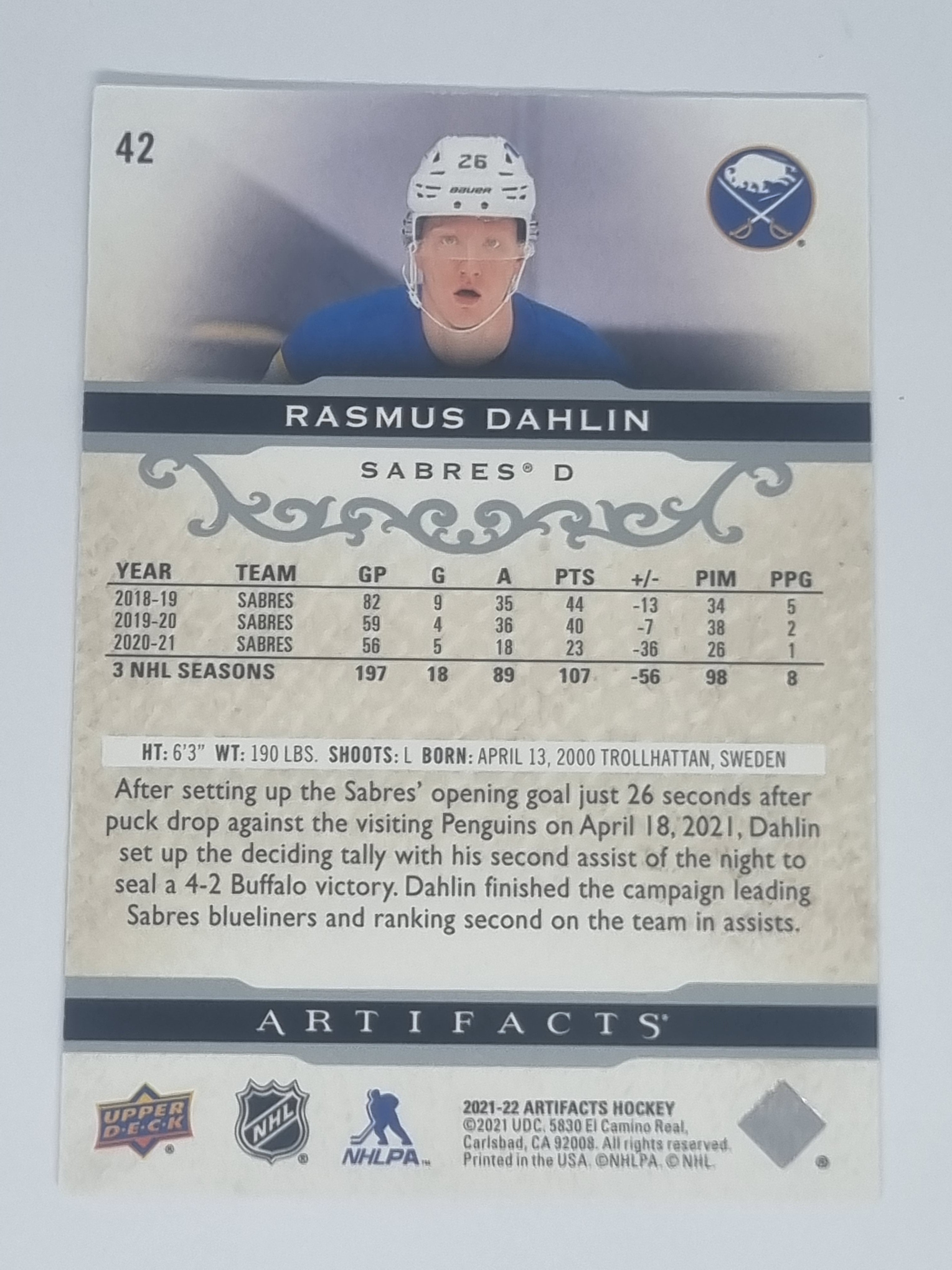 2021-22 Hockey Artifacts - #42 - Rasmus Dahlin - Sabres