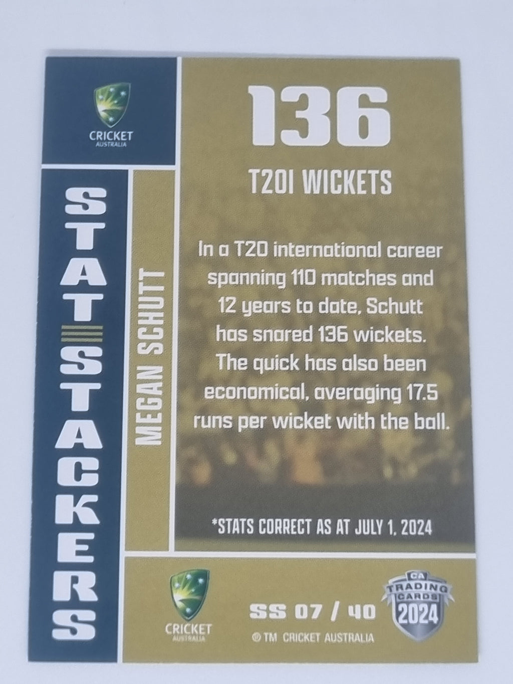 2024-25 LUXE Cricket - Stat Stackers - #SS07 - Megan Schutt - Australia Women's