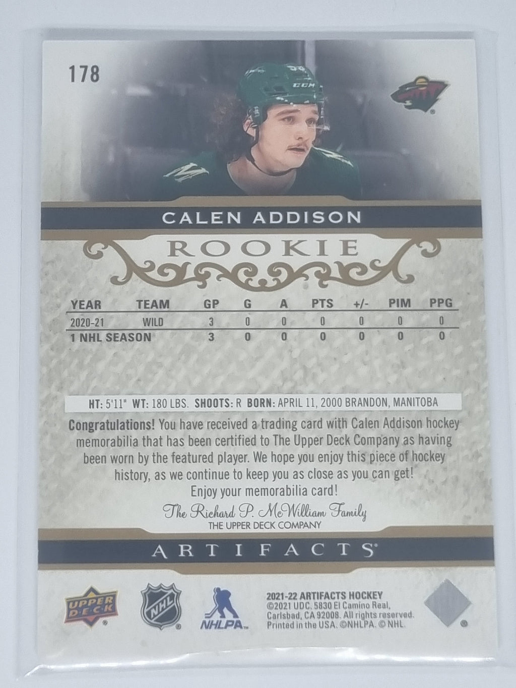 2021-22 Hockey Artifacts - Base Material Gold - #178 - Calen Addison - Wild /799