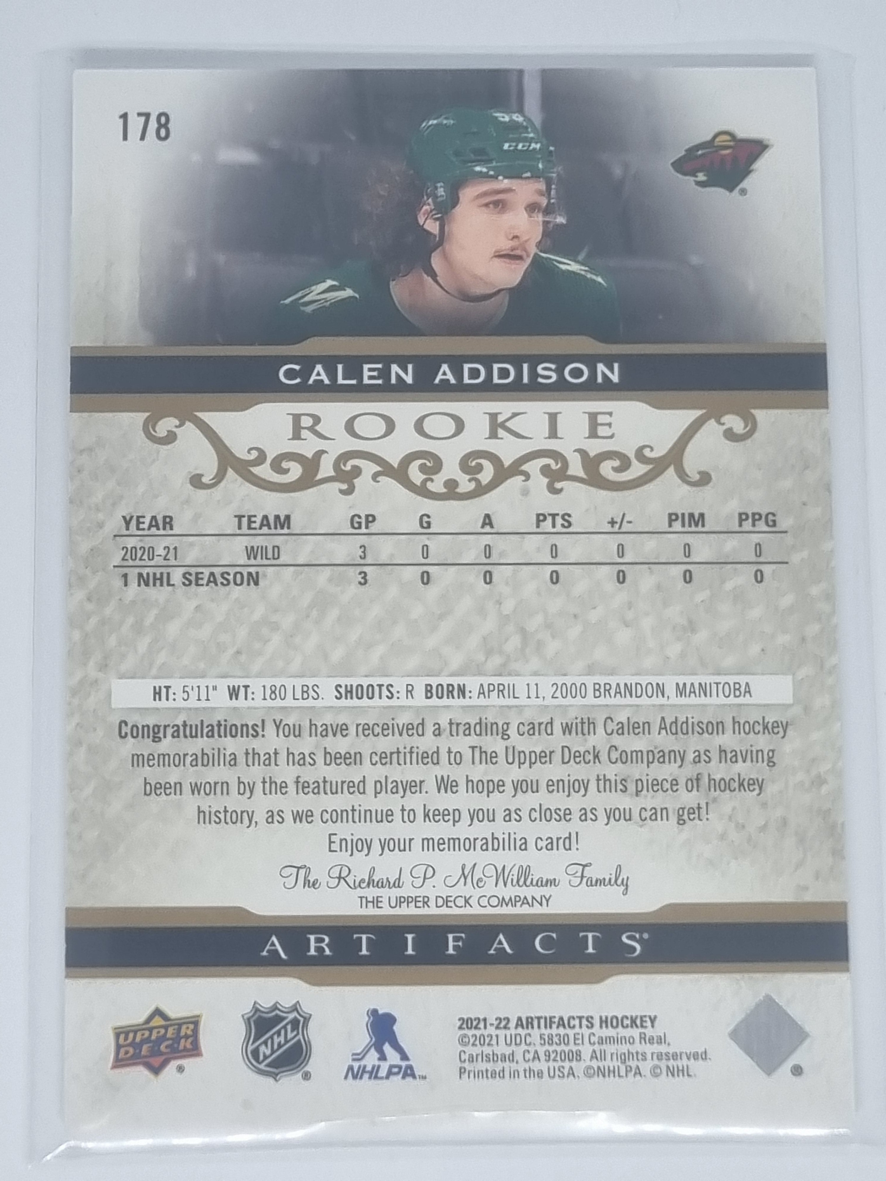 2021-22 Hockey Artifacts - Base Material Gold - #178 - Calen Addison - Wild /799