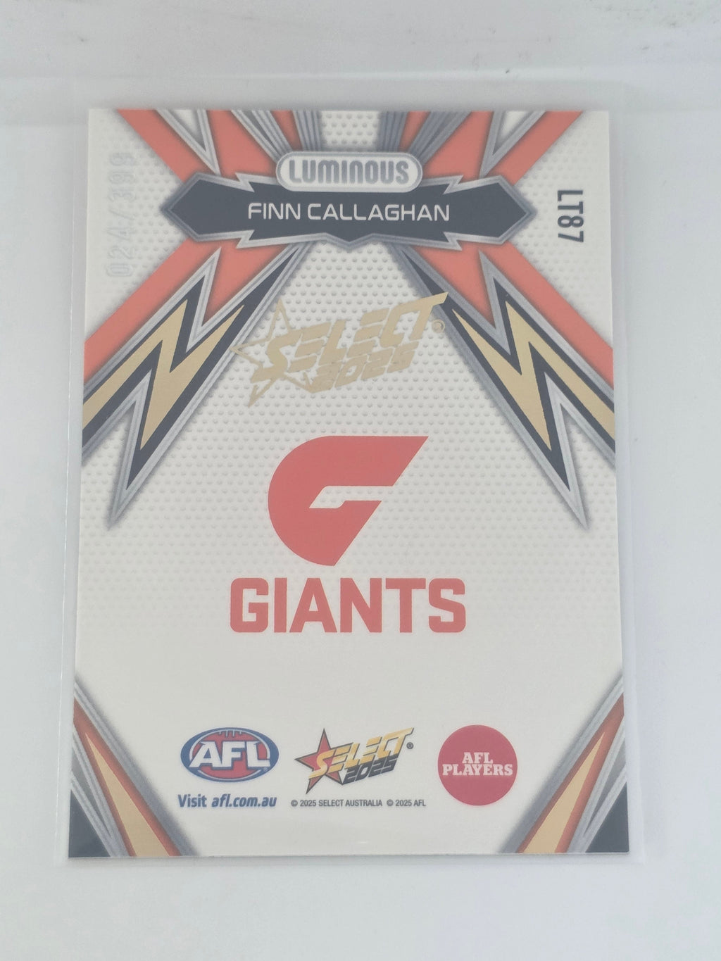 AFL Footy Stars 2025 Luminous Thunderbolt Gold #LT87 F. Callaghan GWS #024/399