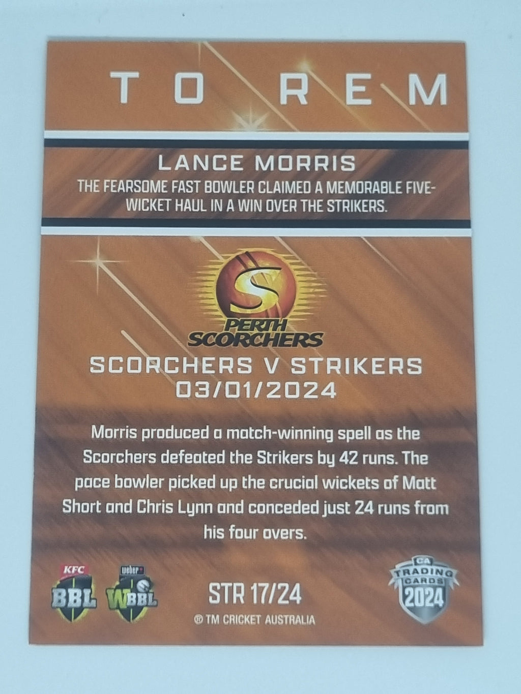 2024-25 LUXE Cricket - Season to Remember - #STR17 - Lance Morris - Scorchers