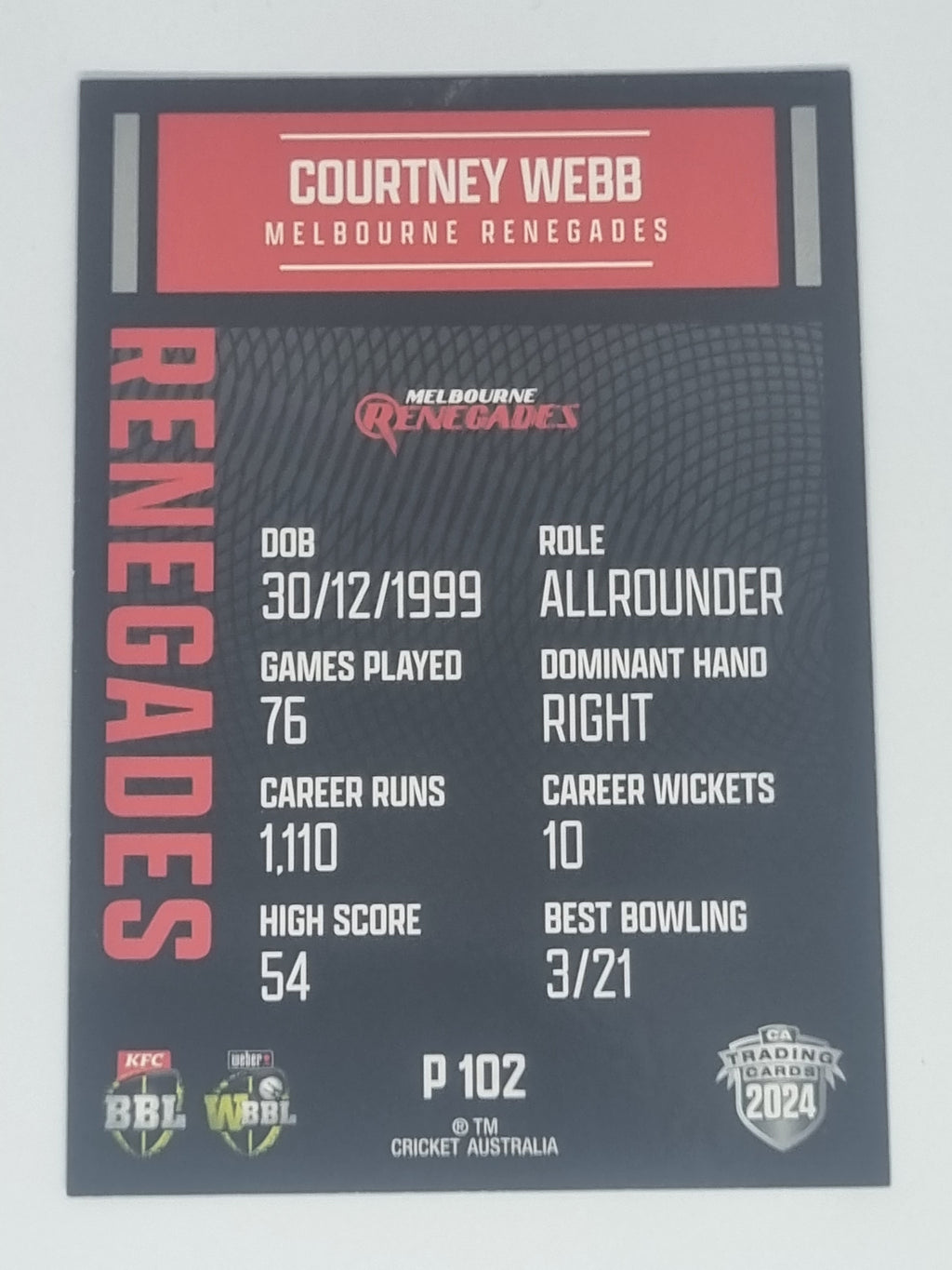 2024-25 LUXE Cricket Traders - Parallel - #P102 - Courtney Webb - Renegades