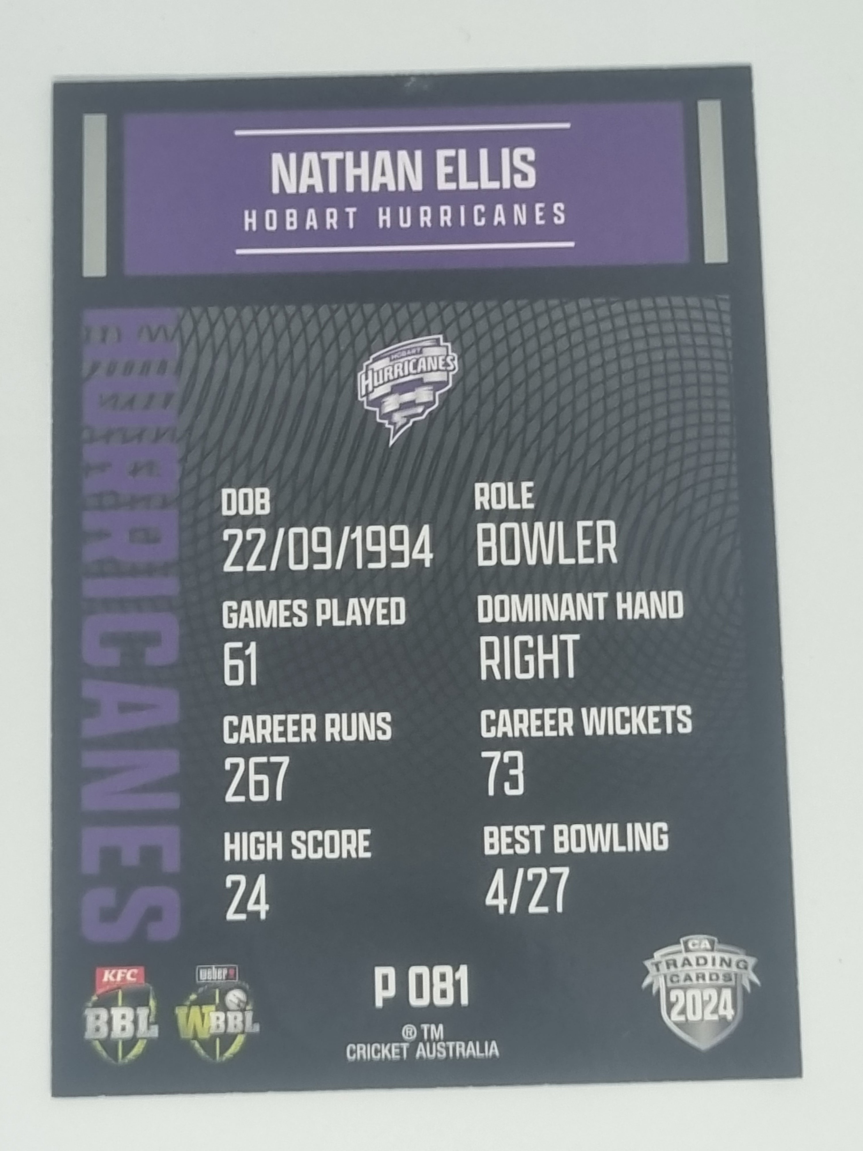 2024-25 LUXE Cricket Traders - Parallel - #P081 - Nathan Ellis - Hurricanes
