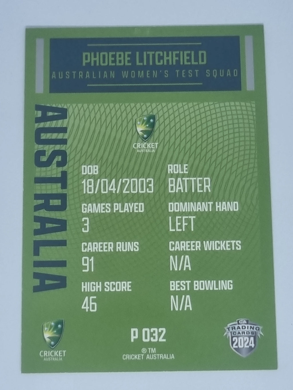 2024-25 LUXE Cricket Traders - Parallel - #P032 - Phoebe Litchfield - Aust Test
