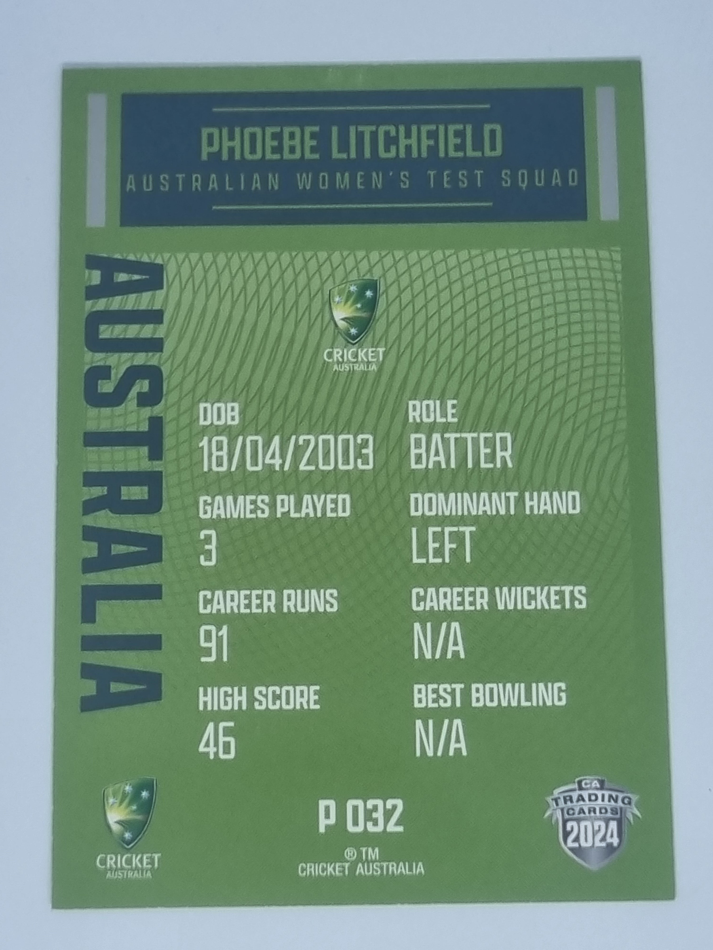 2024-25 LUXE Cricket Traders - Parallel - #P032 - Phoebe Litchfield - Aust Test