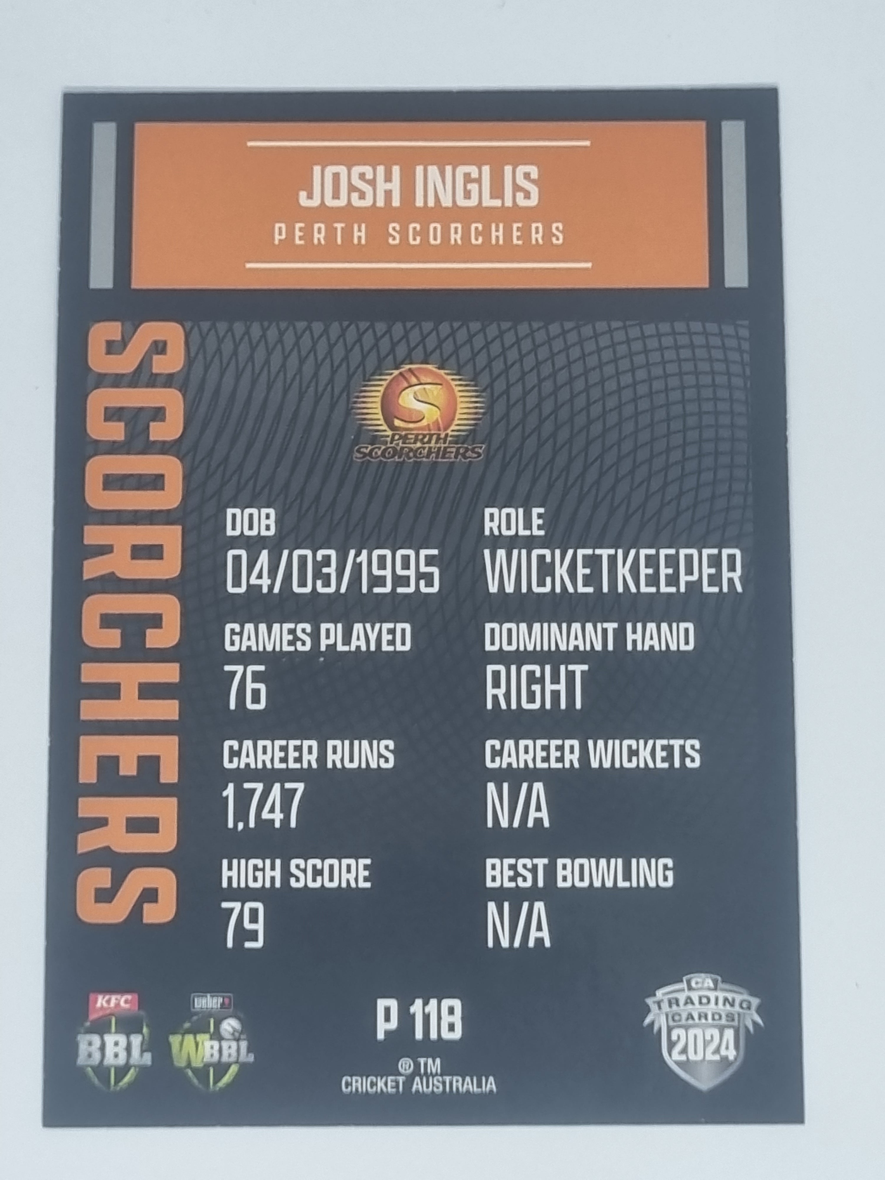 2024-25 LUXE Cricket Traders - Parallel - #P118 - Josh Inglis - Scorchers