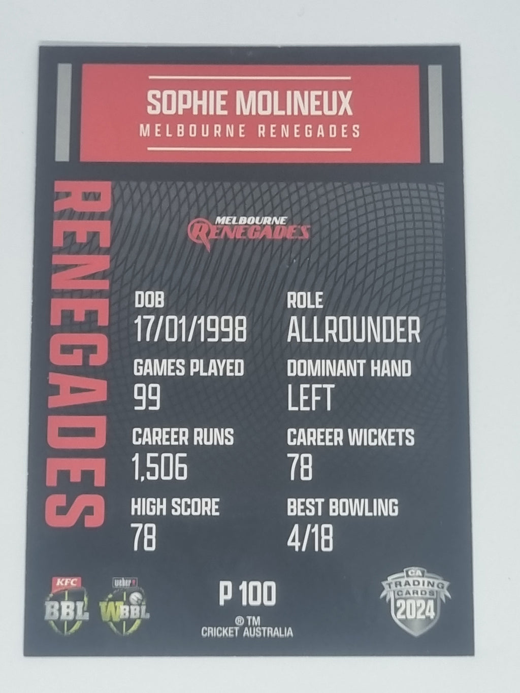 2024-25 LUXE Cricket Traders - Parallel - #P100 - Sophie Molineux - Renegades