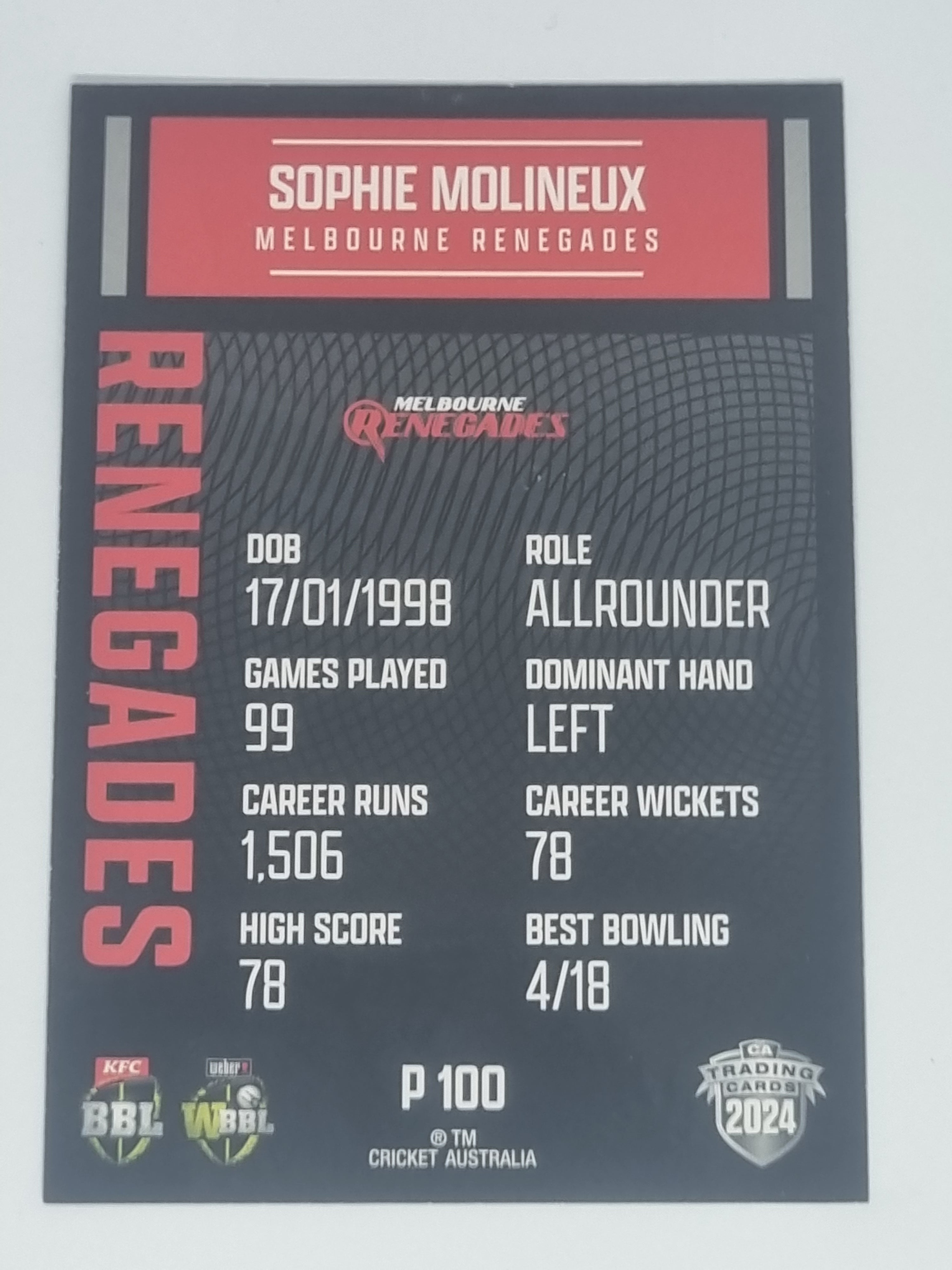 2024-25 LUXE Cricket Traders - Parallel - #P100 - Sophie Molineux - Renegades