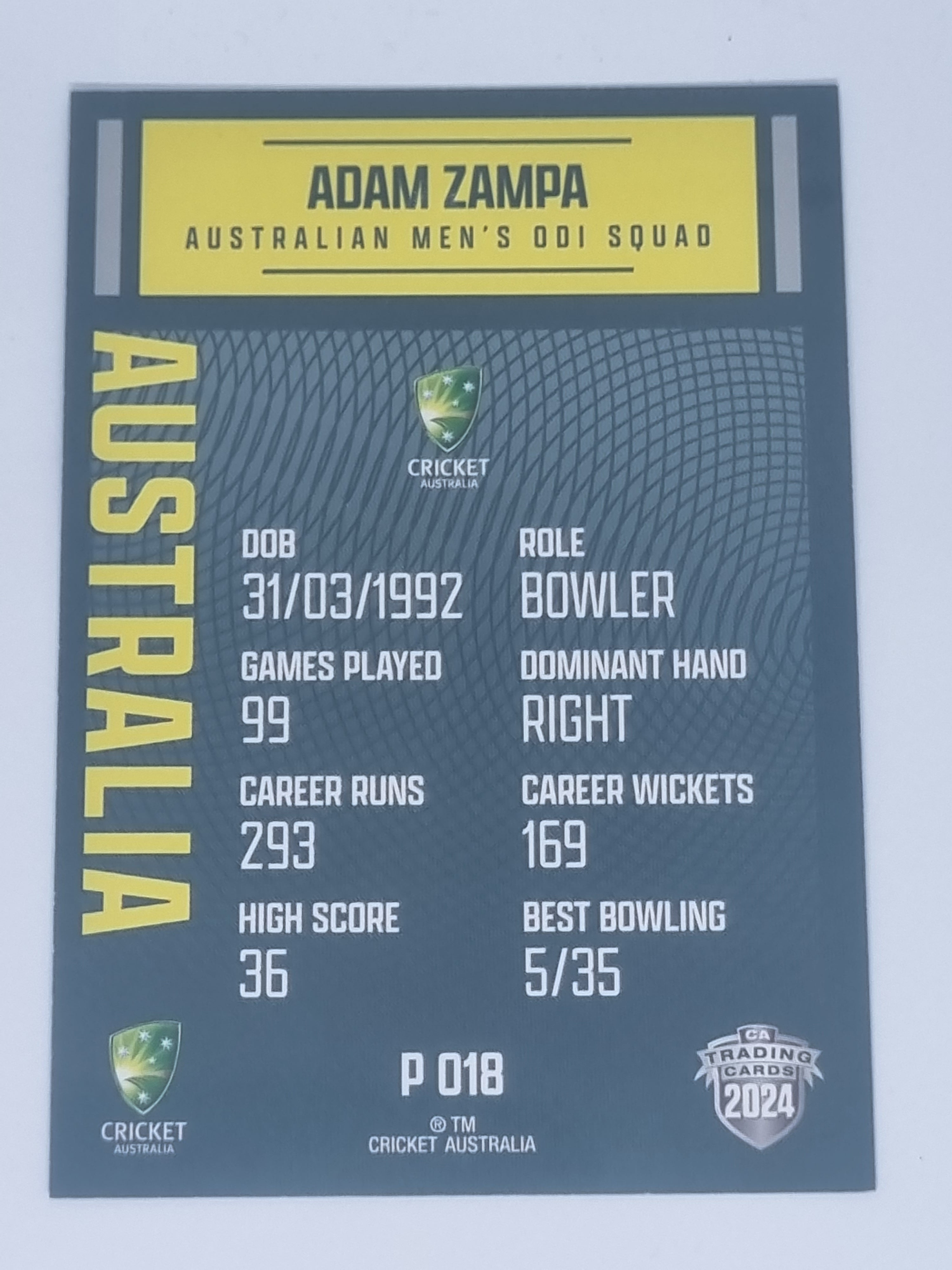 2024-25 LUXE Cricket Traders - Parallel - #P018 - Adam Zampa - Aust ODI