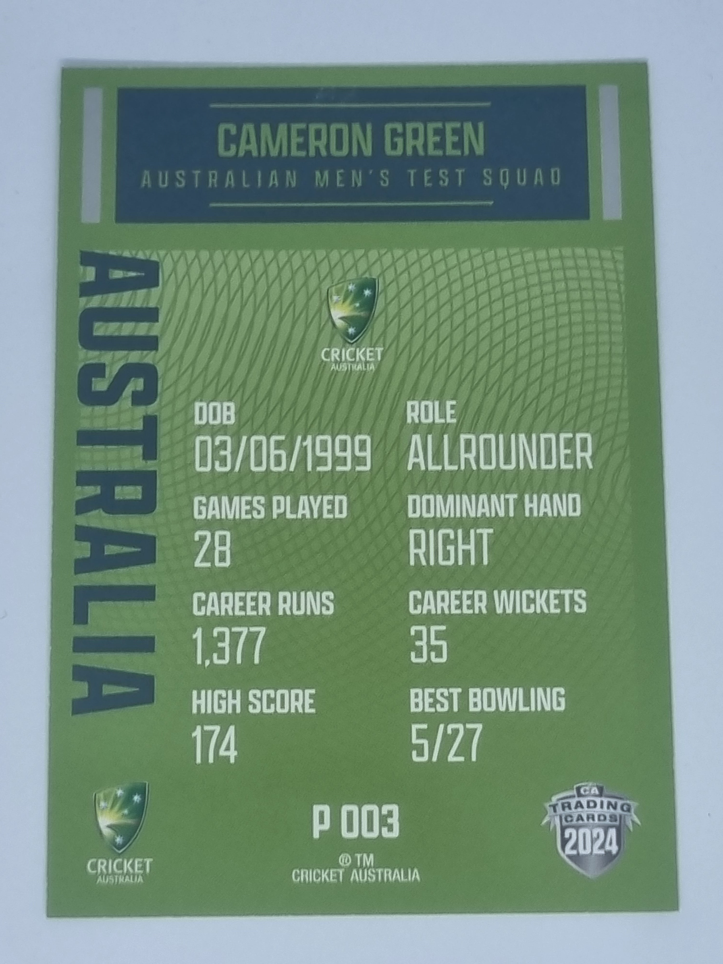 2024-25 LUXE Cricket Traders - Parallel - #P003 - Cameron Green - Aust Test