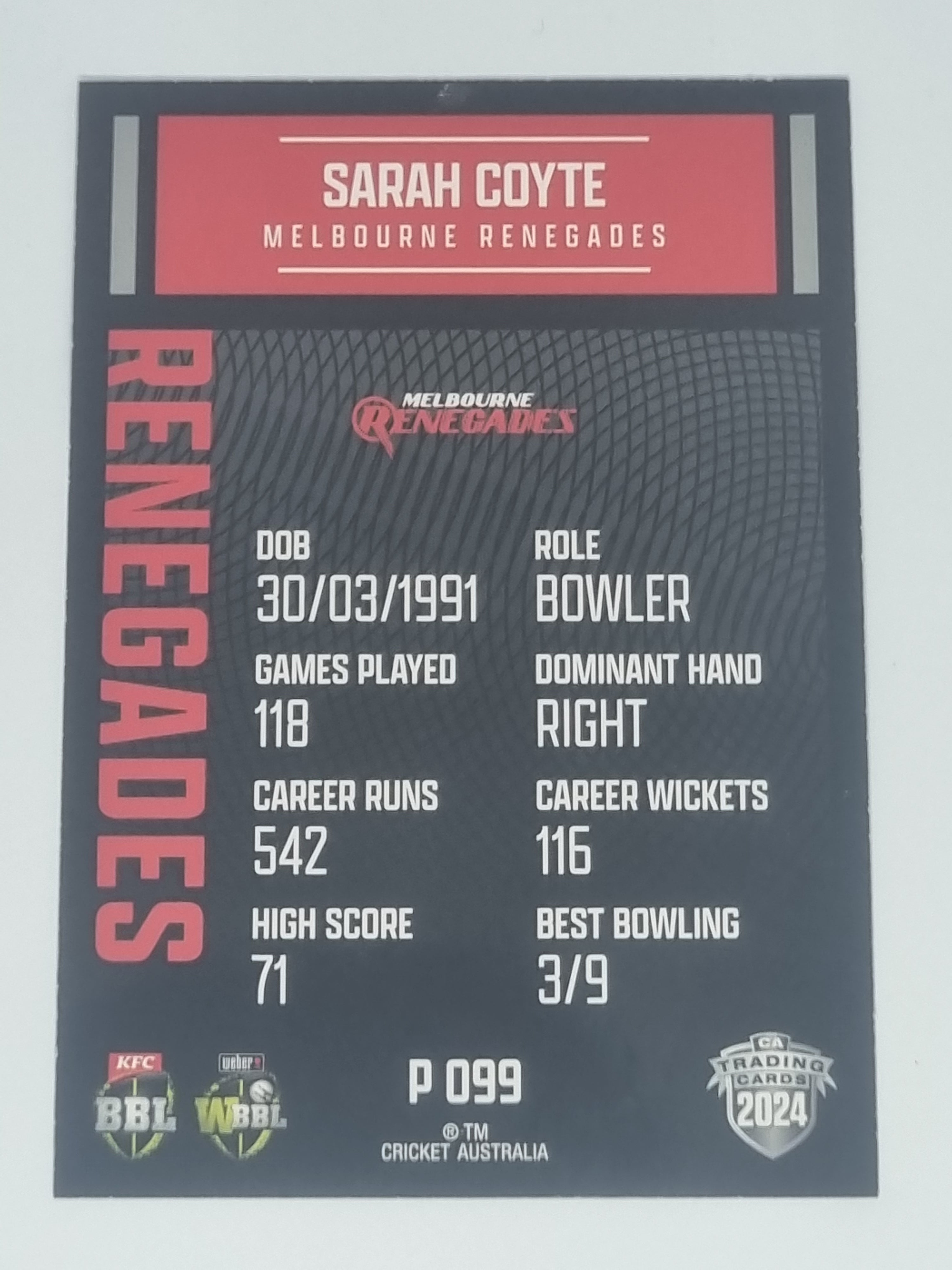 2024-25 LUXE Cricket Traders - Parallel - #P099 - Sarah Coyte - Renegades