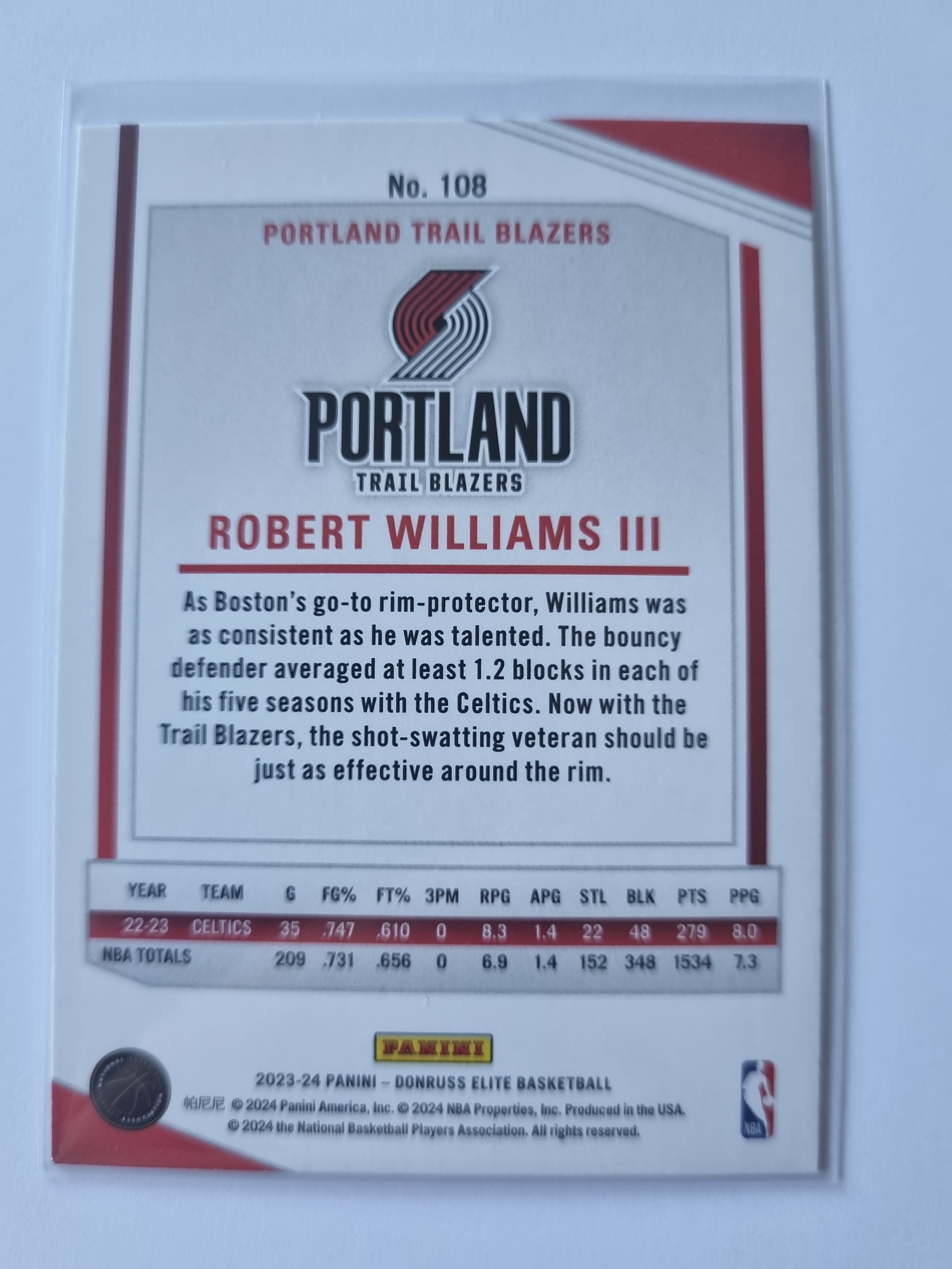2023-24 Panini Donruss Elite - #108 - Robert Williams III - Trailblazers