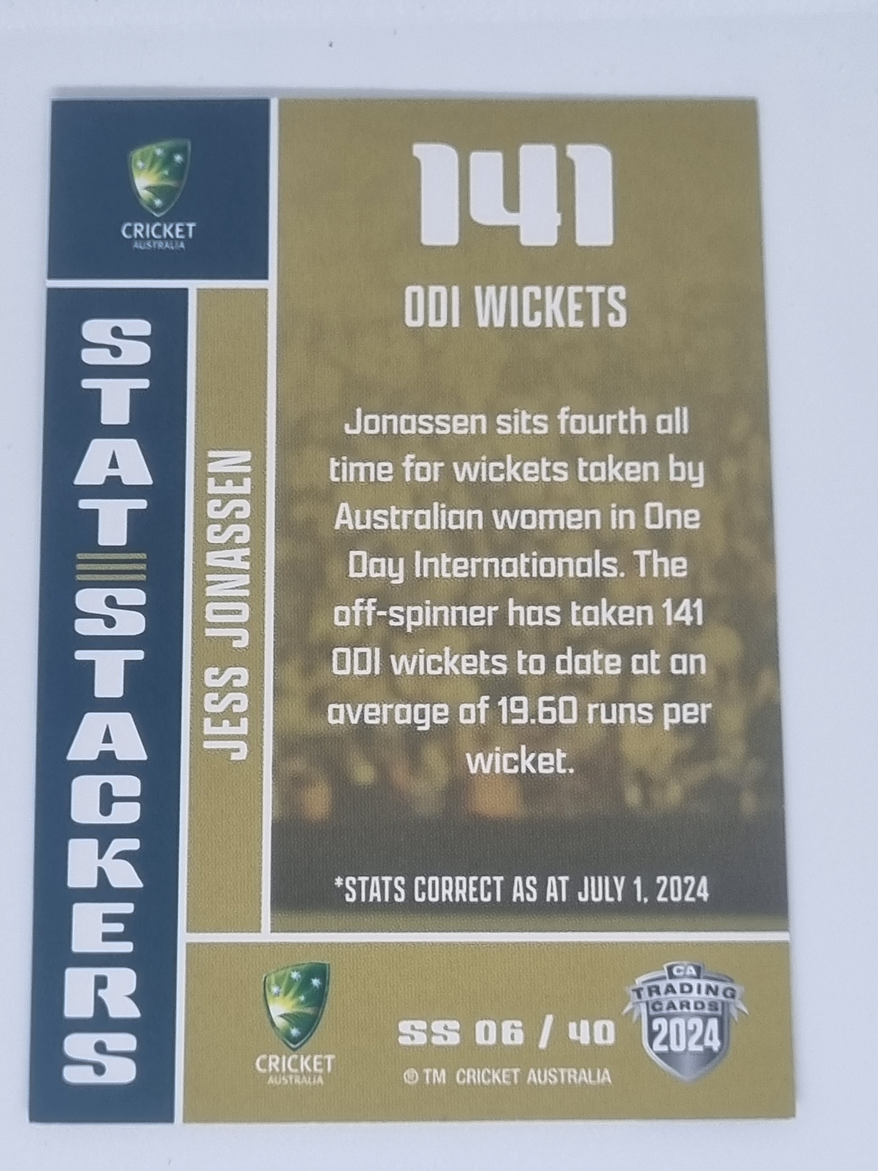 2024-25 LUXE Cricket - Stat Stackers - #SS06 - Jess Jonassen - Australia Women's