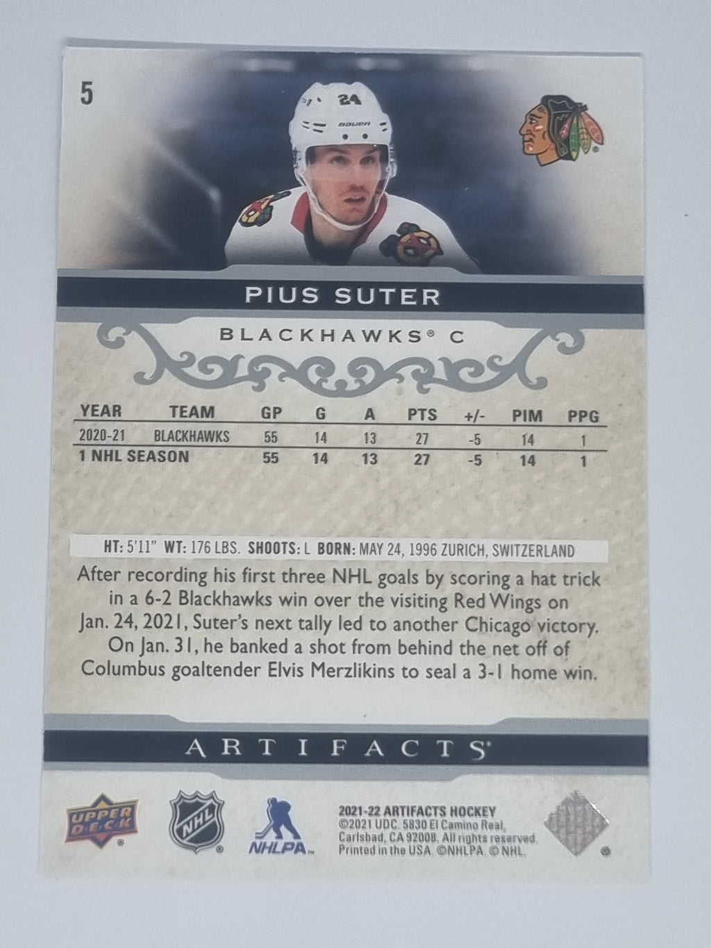 2021-22 Hockey Artifacts - #5 - Pius Suter - Blackhawks